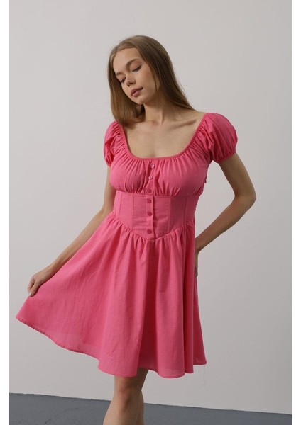 Beli Korseli Mini Elbise - Fuşya