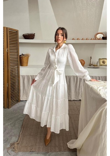 Ekru Çizgi Desenli Uzun Elbise fiyatları