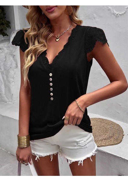 Kadın Kısa Kollu V Yakalı Önü Düğmeli Viskon Bluz fırsatları