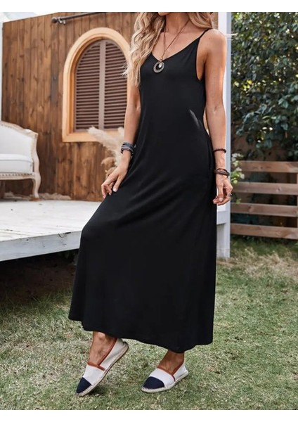 Kadın Ip Askılı Derin Geniş V Yakalı Uzun Viskon Elbise