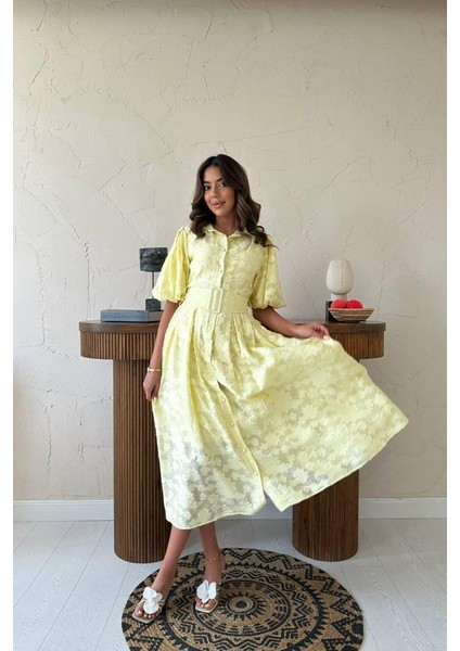 Sarı Kemerli Balon Kollu Elbise