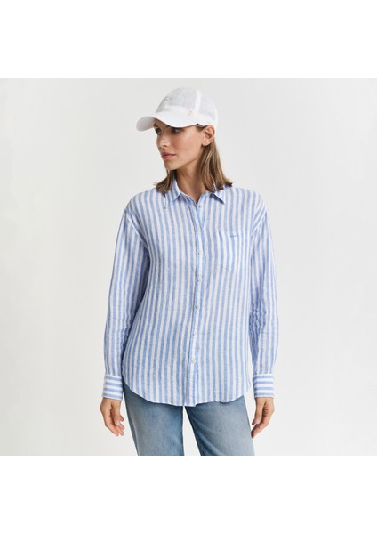 Kadın Mavi Relaxed Fit Klasik Yaka Çizgili Gömlek