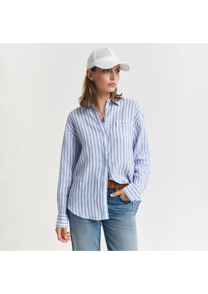 Kadın Mavi Relaxed Fit Klasik Yaka Çizgili Gömlek fiyatları