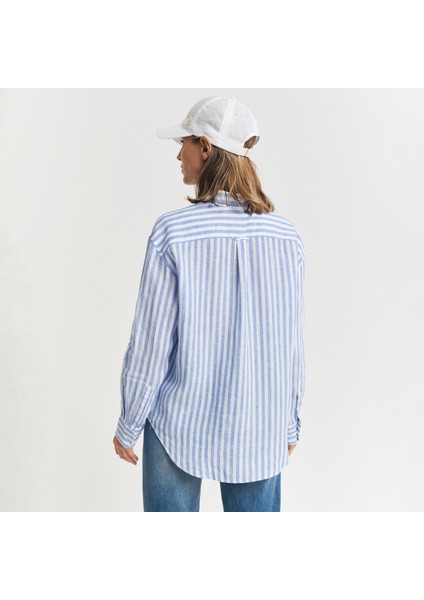Kadın Mavi Relaxed Fit Klasik Yaka Çizgili Gömlek modelleri