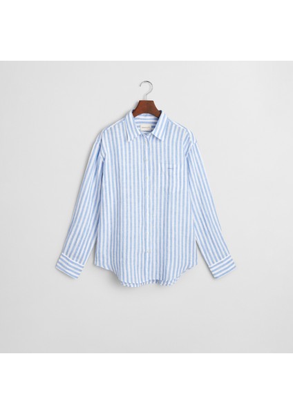 Kadın Mavi Relaxed Fit Klasik Yaka Çizgili Gömlek indirimleri