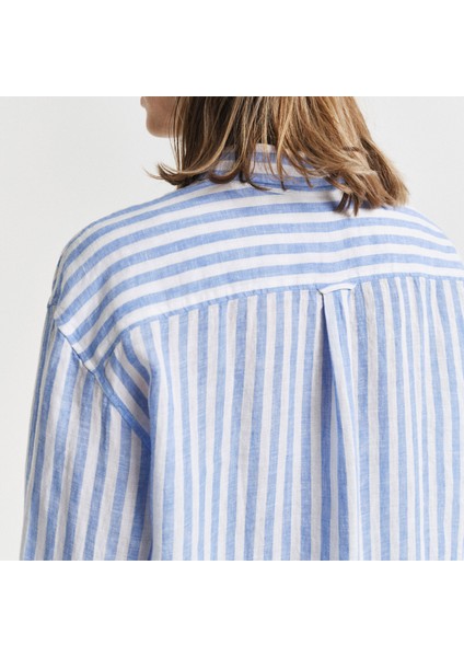 Kadın Mavi Relaxed Fit Klasik Yaka Çizgili Gömlek