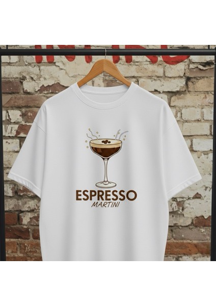 Espresso Martini Beyaz Baskılı Unisex Bisiklet Yaka Pamuk Oversize T-Shirt
