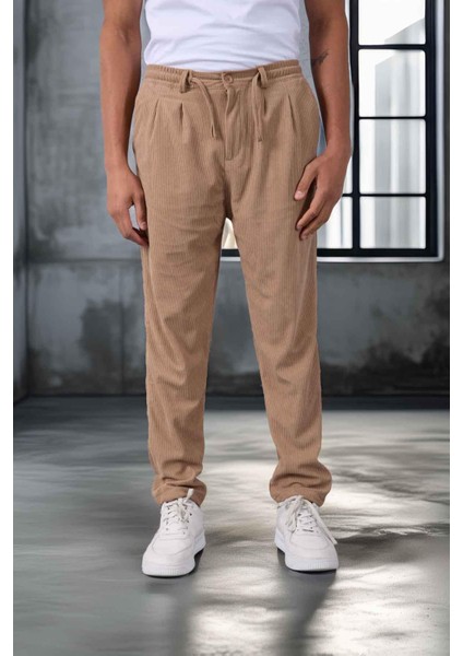 Roy Regular Fit Beli Lastikli Fitilli Kadife Kumaş Fermuarlı Jogger Erkek pantolon - Bej