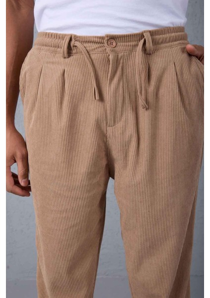 Roy Regular Fit Beli Lastikli Fitilli Kadife Kumaş Fermuarlı Jogger Erkek pantolon - Bej fiyatları