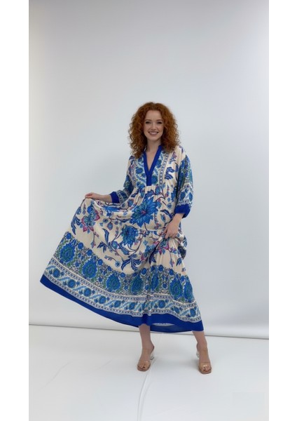 Büyük Beden Çiçek Desenli Uzun Kol Elbise