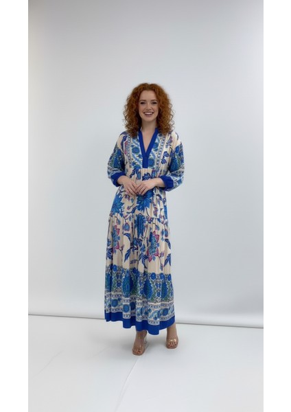 Büyük Beden Çiçek Desenli Uzun Kol Elbise modelleri