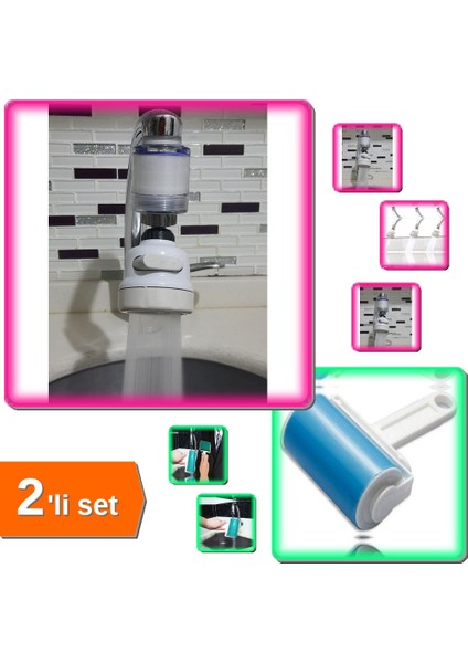 Filtreli Kireç Önleyici Musluk Başlığı 360° Döner + Tüy ve Toz Temizleme Rulosu 2li Set - Krem D4E5F6
