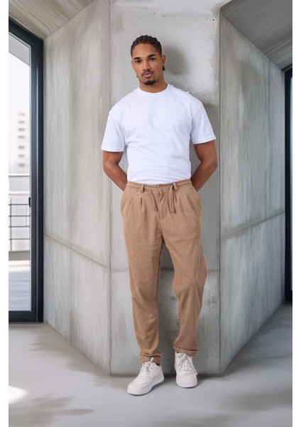 Roy Regular Fit Beli Lastikli Fitilli Kadife Kumaş Fermuarlı Jogger Erkek pantolon - Bej modelleri
