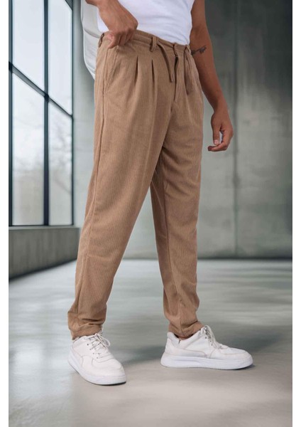 Roy Regular Fit Beli Lastikli Fitilli Kadife Kumaş Fermuarlı Jogger Erkek pantolon - Bej fırsatları