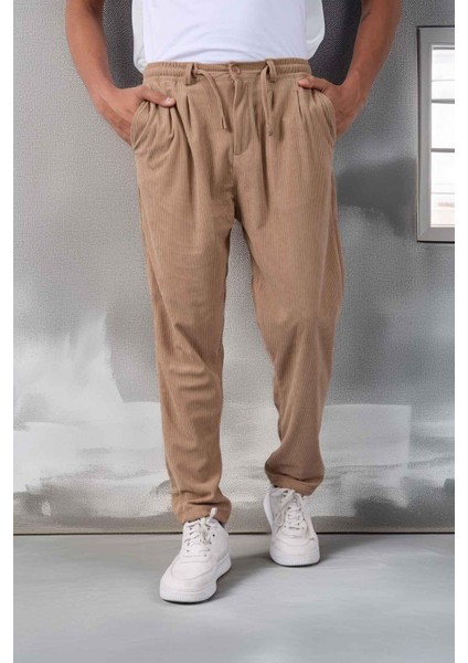 Roy Regular Fit Beli Lastikli Fitilli Kadife Kumaş Fermuarlı Jogger Erkek pantolon - Bej indirimleri