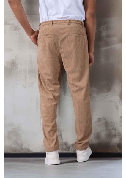 Roy Regular Fit Beli Lastikli Fitilli Kadife Kumaş Fermuarlı Jogger Erkek pantolon - Bej