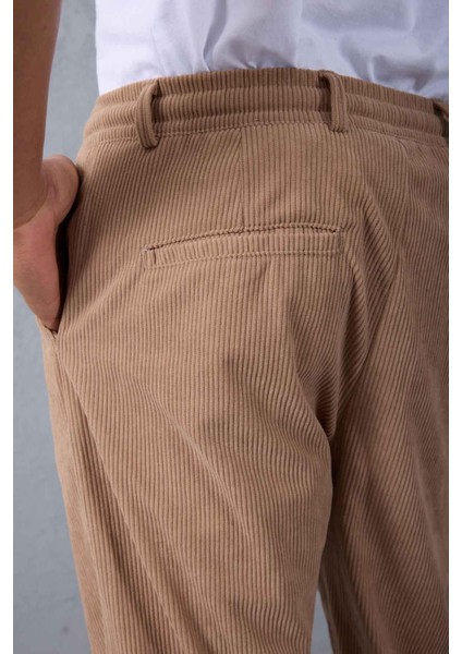 Roy Regular Fit Beli Lastikli Fitilli Kadife Kumaş Fermuarlı Jogger Erkek pantolon - Bej