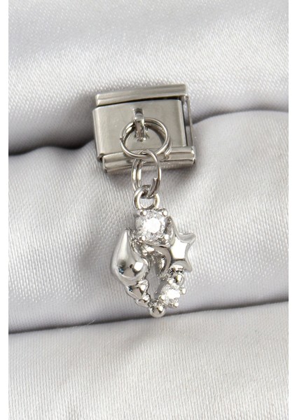 Bfs 316L Çelik Sallantılı Zirkon Taşlı Deniz Kabuğu ve Yıldız Model Gümüş Renk Nomination