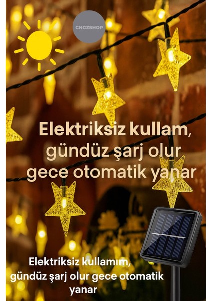 Su Geçirmez Solar Güneş Enerjili 30 Yıldızlı LED Işık Zinciri – 7 Metre, 8 Fonksiyon, Günışığı Bahçe