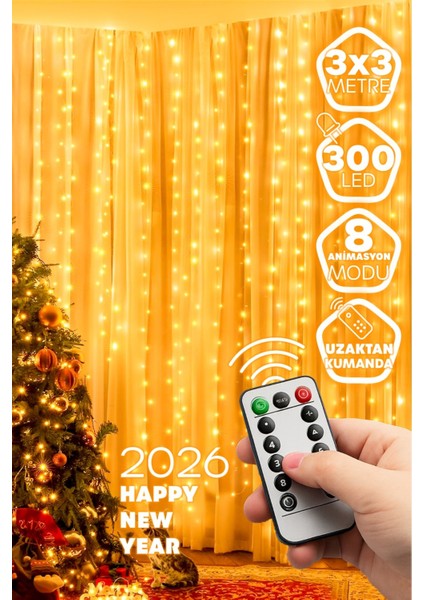 Perde Süsleme Ledi Perde Peri LED 3m x 3m (300CM x 300 Cm) 300 Adet LED Işıklandırma Sarı