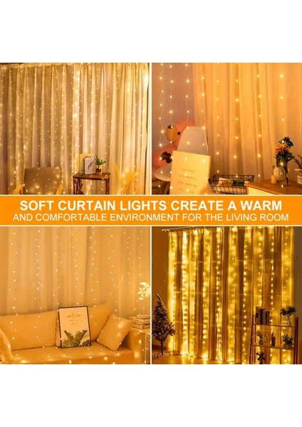 Perde Süsleme Ledi Perde Peri LED 3m x 3m (300CM x 300 Cm) 300 Adet LED Işıklandırma Sarı fırsatları
