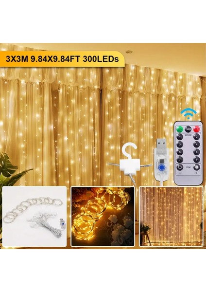 Perde Süsleme Ledi Perde Peri LED 3m x 3m (300CM x 300 Cm) 300 Adet LED Işıklandırma Sarı