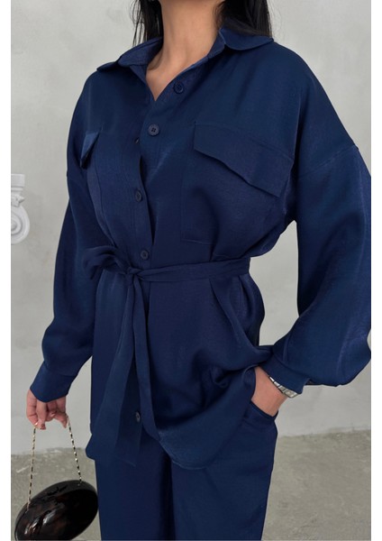 Simli Kumaş Salaş Pantolon - Gömlek Takım - Lacivert modelleri
