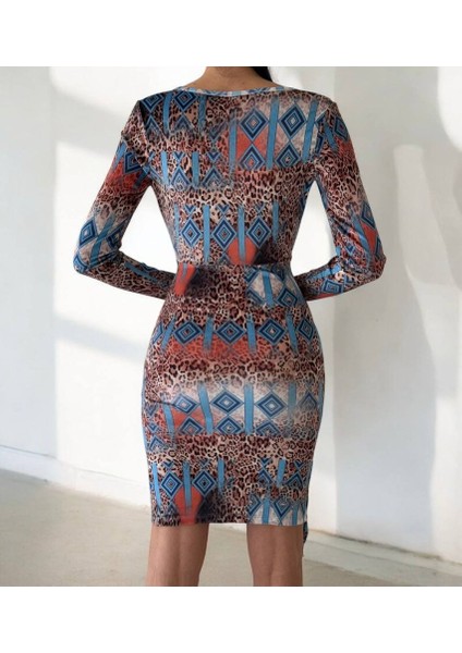 Kadın Uzun Kollu V Yaka Leopar Etnik Desen Fırsat Ürün Mini Kruvaze Elbise modelleri