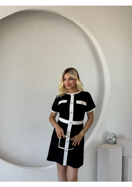 Kadın Kısa Kollu Bisiklet Yaka Önden Düğmeli Modal Elbise