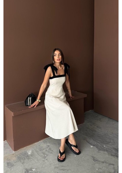 Bej Omuzdan Bağlamalı Keten Elbise fırsatları