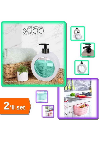350 ml Tezgah Üstü Oval Sıvı Sabunluk + Dolap Kapağı Organizeri Tezgah Çöp Kutusu 2 Li Set A9K3M2