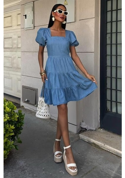 Kare Yakalı ve Gipe Detaylı Tensel Elbise 2883