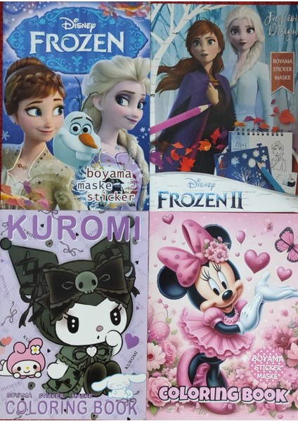 4 Adet Stickerli Boyama Kitabı (Frozenıı/elsa/kuromi/minnie Figürlü)