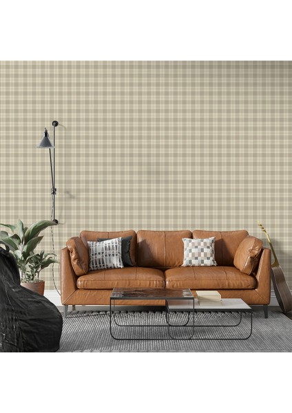 3D Bej Ekose Desenli Tek Parça Duvar Kağıdı -Isı ve Ses Yalıtımı Yırtılmaz