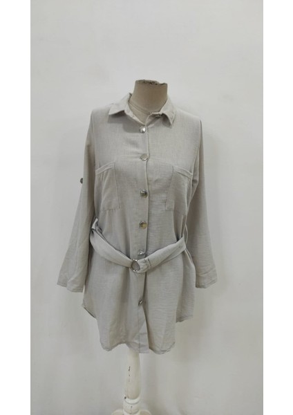 Kadın Uzun Kollu Yakalı Önden Düğmeli Beli Kuşaklı Mini Ithal Keten Elbise