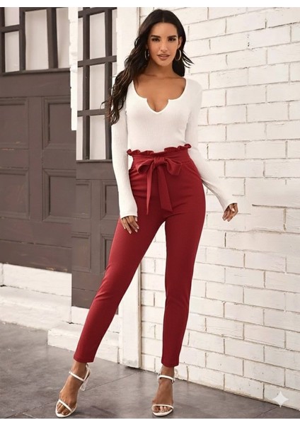 Kadın Yüksek Bel Beli Fırfırlı Önden Bağlamalı Ithal Krep Pantolon modelleri