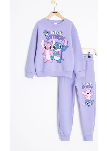 Lila Sevimli Simli Karakter Baskı Şardonlu Kız Çocuk Eşofman Takım 23295