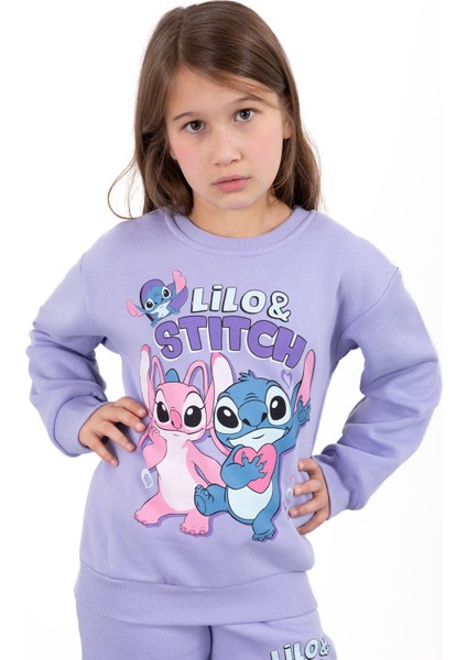 Lila Sevimli Simli Karakter Baskı Şardonlu Kız Çocuk Eşofman Takım 23295 modelleri