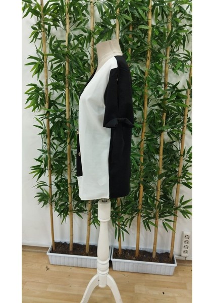 Kadın Kısa Kollu Kollardan Bağlamalı Önden Asimetrik Kesim Çift Renk Detaylı Düğmeli Ithal Krep Bluz