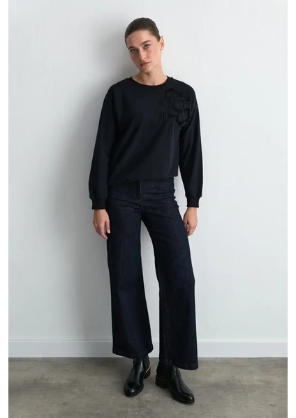Kadife Nakışlı Pamuk Sweatshirt - Siyah