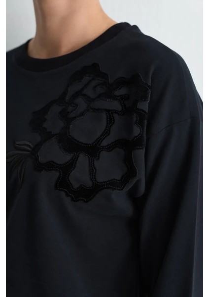 Kadife Nakışlı Pamuk Sweatshirt - Siyah modelleri