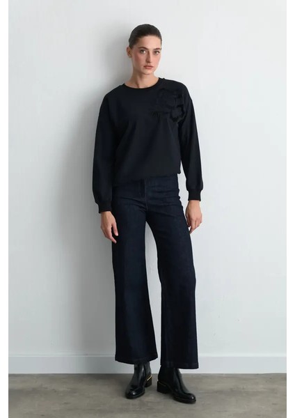 Kadife Nakışlı Pamuk Sweatshirt - Siyah fırsatları