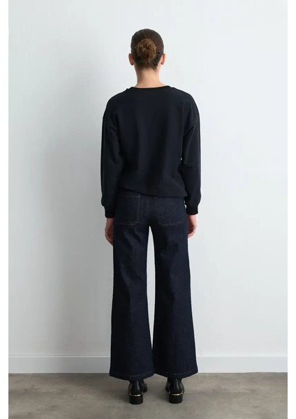 Kadife Nakışlı Pamuk Sweatshirt - Siyah indirimleri