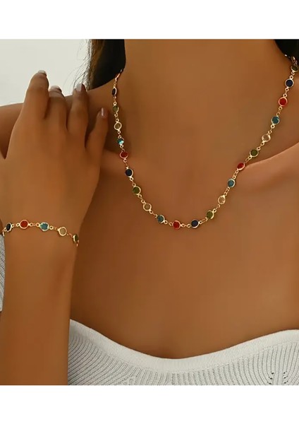 Renkli Kolye ve Bileklik Set Yeni Tasarım Özel Seri Zirkon Taşlı Kolye ve Bileklik Altın Kaplama