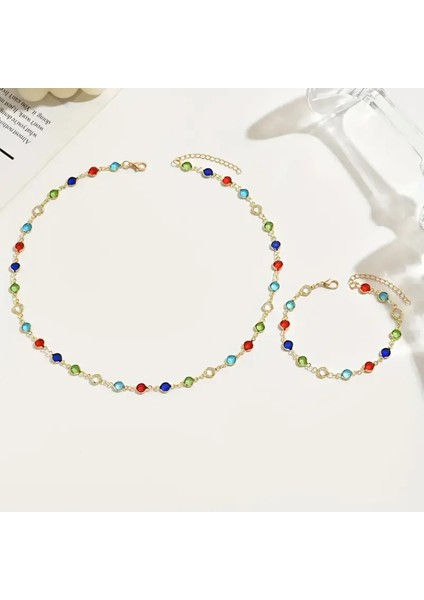 Renkli Kolye ve Bileklik Set Yeni Tasarım Özel Seri Zirkon Taşlı Kolye ve Bileklik Altın Kaplama fiyatları