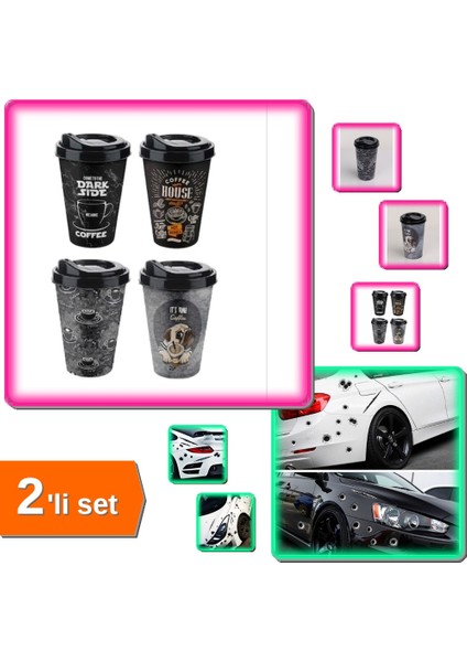 Kapaklı Desenli Kahve Bardağı + 3D Yara Şeklinde Araç Sticker - Arabana Enerji Kat - 2’li Set B3K8ZT