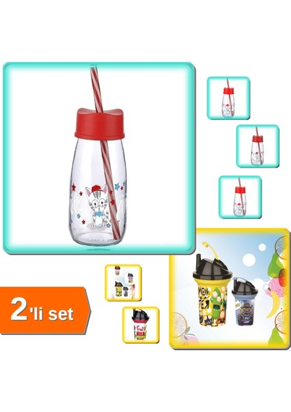 Pipetli Su ve Süt Şişesi Cam 250 ml + Tedy Pipetli Çocuk Içecek Bardağı 300 ml - 2li Set A1B2C