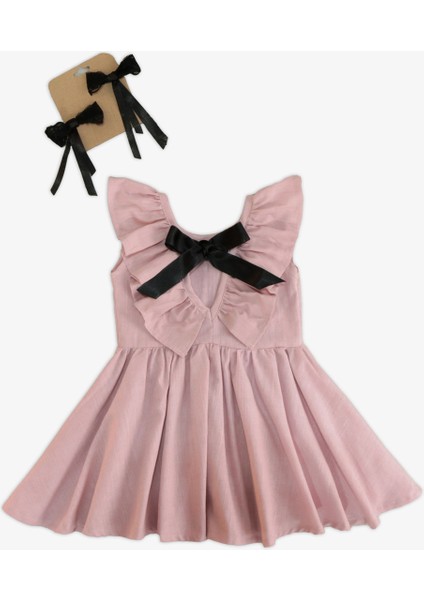 Kız Bebek Pudra Cherry Fiyonklu Fırfırlı Elbise Toka Takım