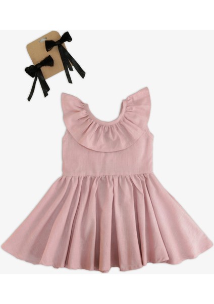 Kız Bebek Pudra Cherry Fiyonklu Fırfırlı Elbise Toka Takım fiyatları