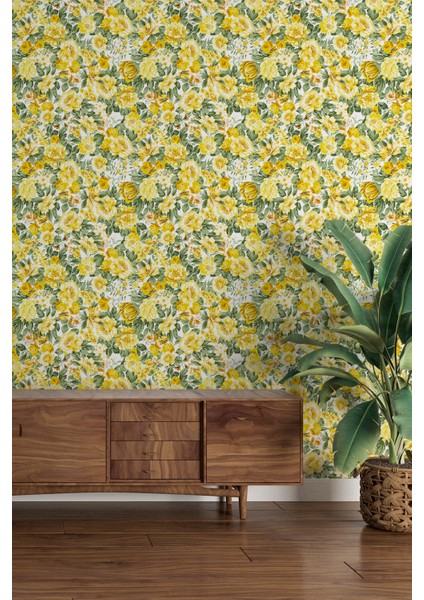 Sarı Çiçekli Duvar Kağıdı -Isı ve Ses Yalıtımı Yırtılmaz
